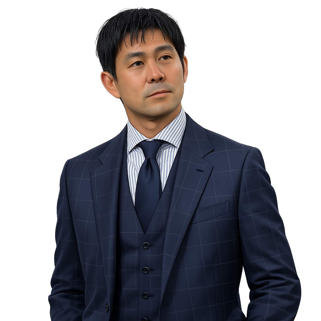 ネイビーのウィンドウペーン柄スリーピーススーツとストライプシャツ、濃紺ネクタイのスタイリングイラスト